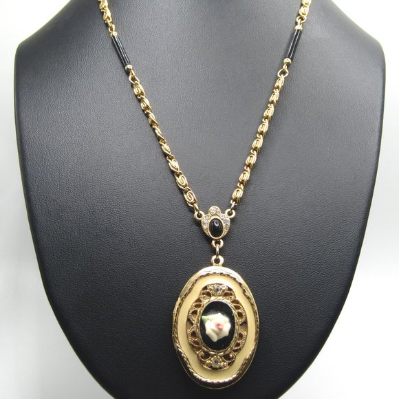 Vintage 1928 Locket Necklace Rose Enamel Victorian Revival 32" Long - Picture 3 of 7